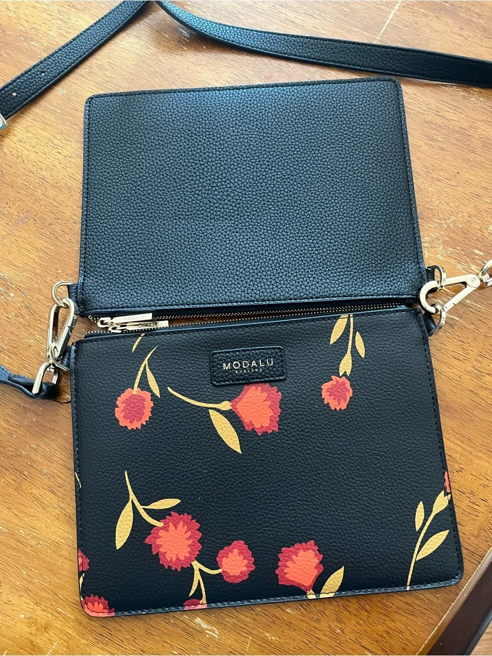 Modalu Black Floral Crossbody Pouch Set with Detachable Strap
